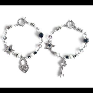gothic matching charm bracelet heart and key for friendship or couples handmade